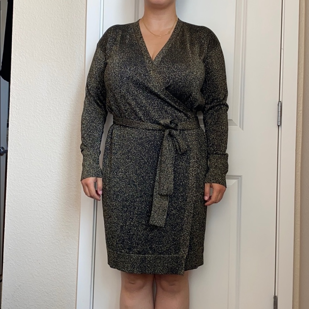 DVF Black and Gold metallic wrap cocktail dress